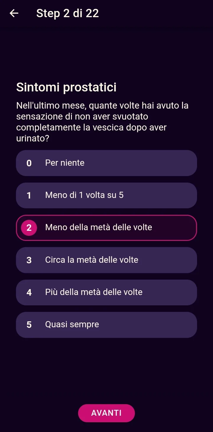 Domanda del questionario sui sintomi prostatici, con sei risposte a scelta.