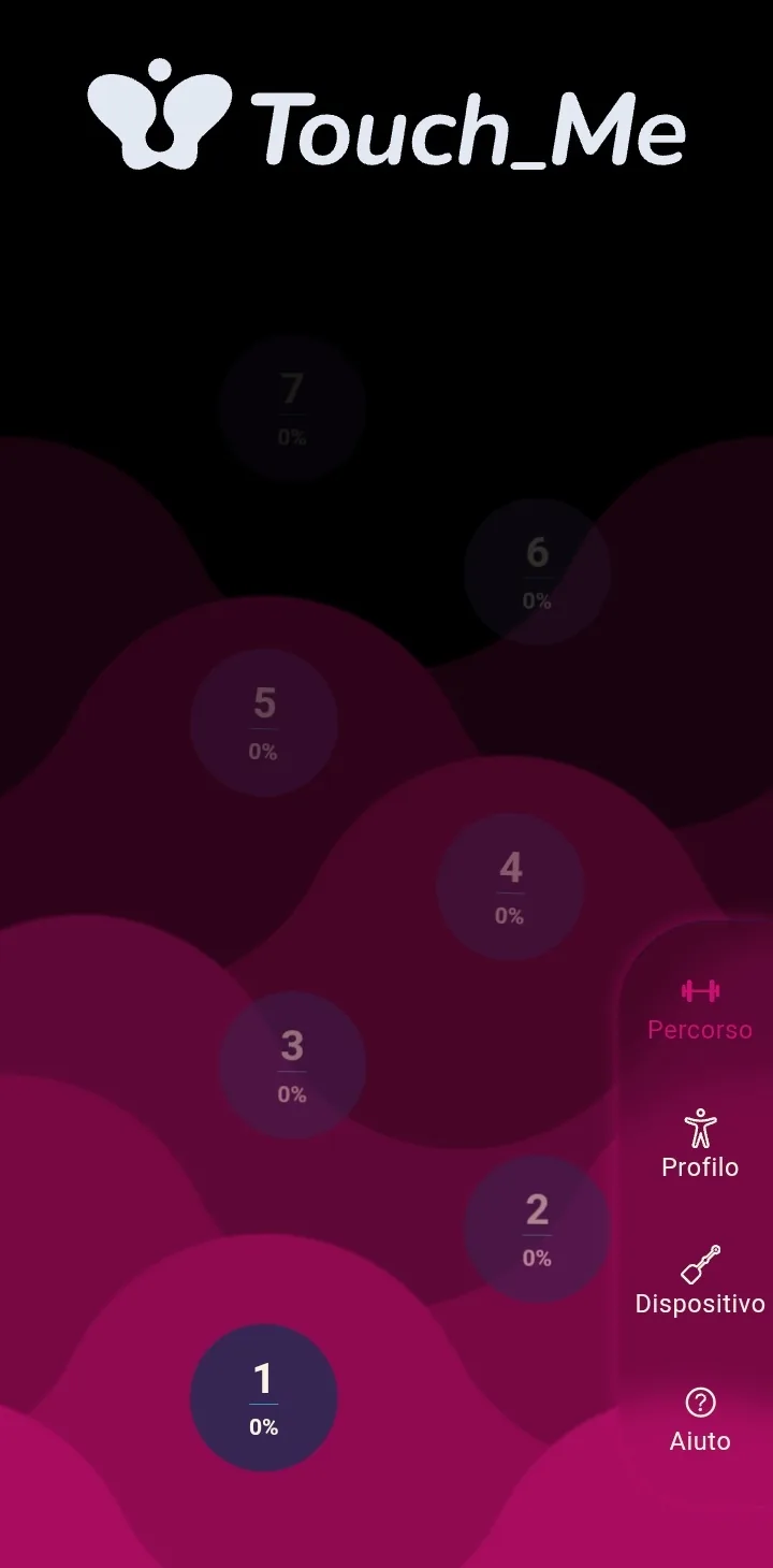 Il percorso dell'app: sette tappe numerate in salita, ognuna con la propria percentuale di avanzamento.