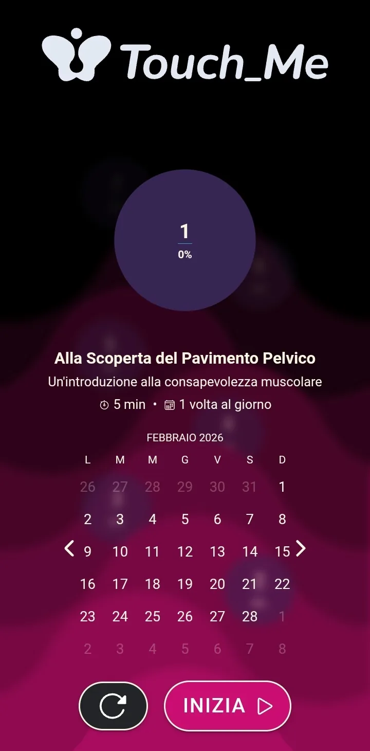 Dettaglio della prima tappa, Alla Scoperta del Pavimento Pelvico: cinque minuti, una volta al giorno, con il calendario delle sessioni.