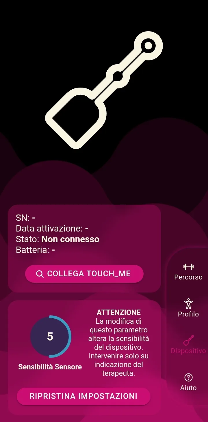 Schermata del dispositivo: numero di serie, stato della connessione, livello di batteria e regolazione della sensibilità del sensore.